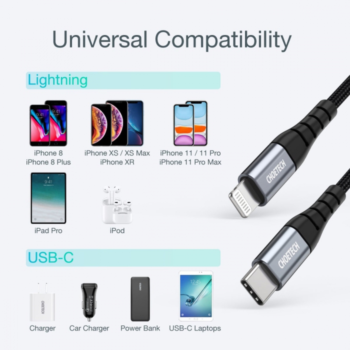 Choetech IP0042 USB C To Lightning Nylon Braided MFI Cable 3m 2