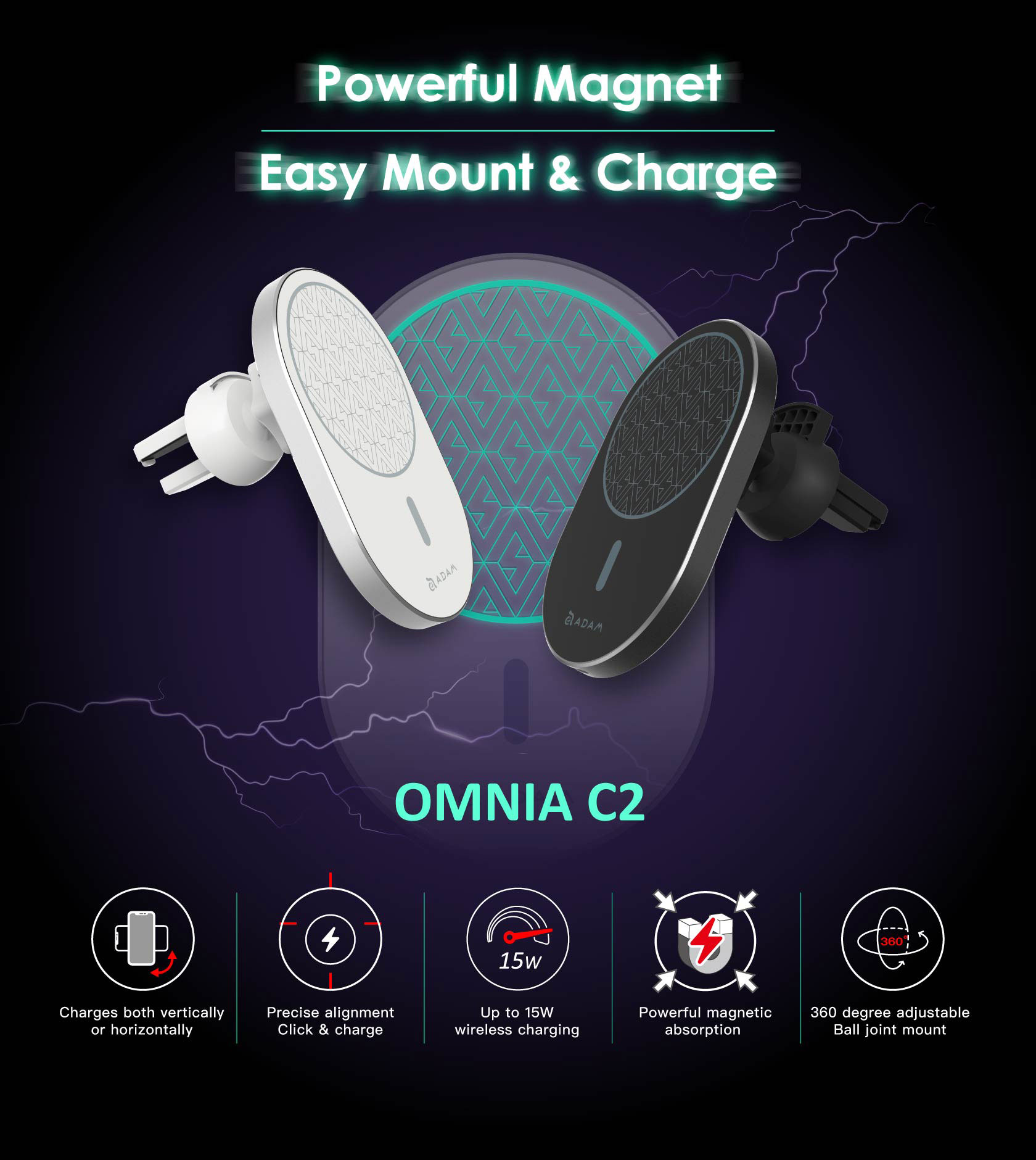 OMNIA C2 Magnetic Wireless Car Charger Magnetic 2 in 1 Wireless Charger Combo 2