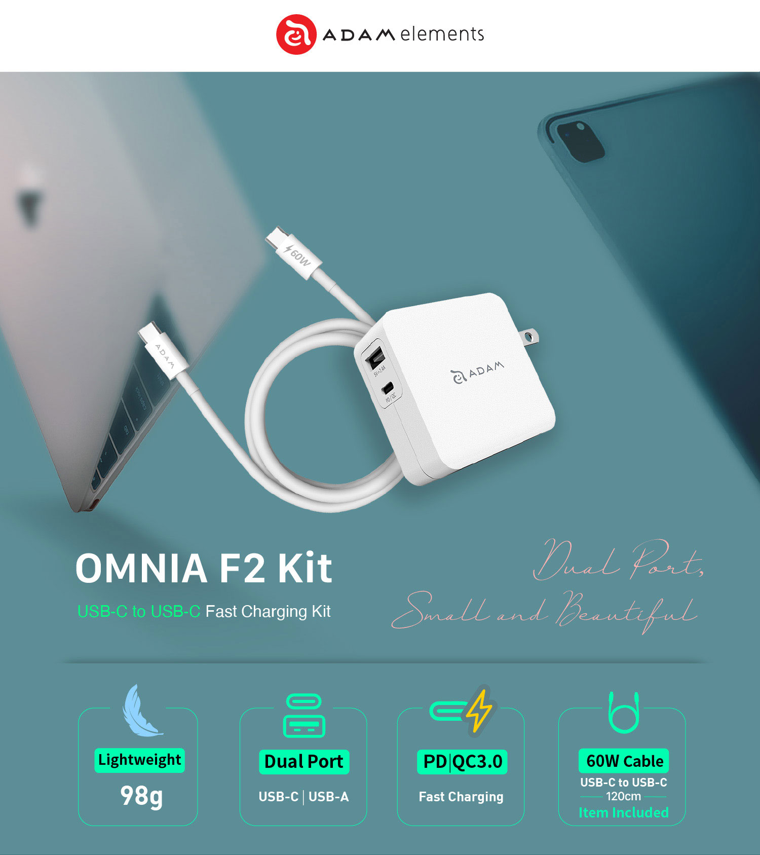 OMNIA F2 USB C to USB C Fast Charging Kit US Plug 1