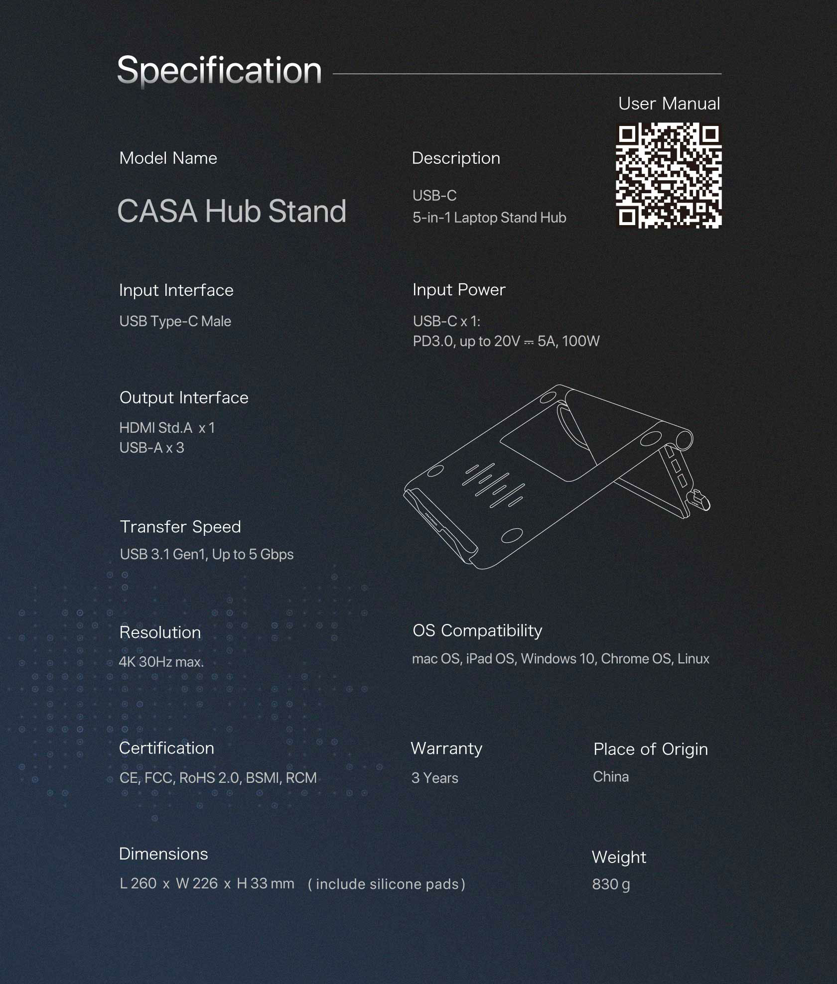 CASA HUB Stand USB C 5 in 1 Laptop Stand Hub 14 1