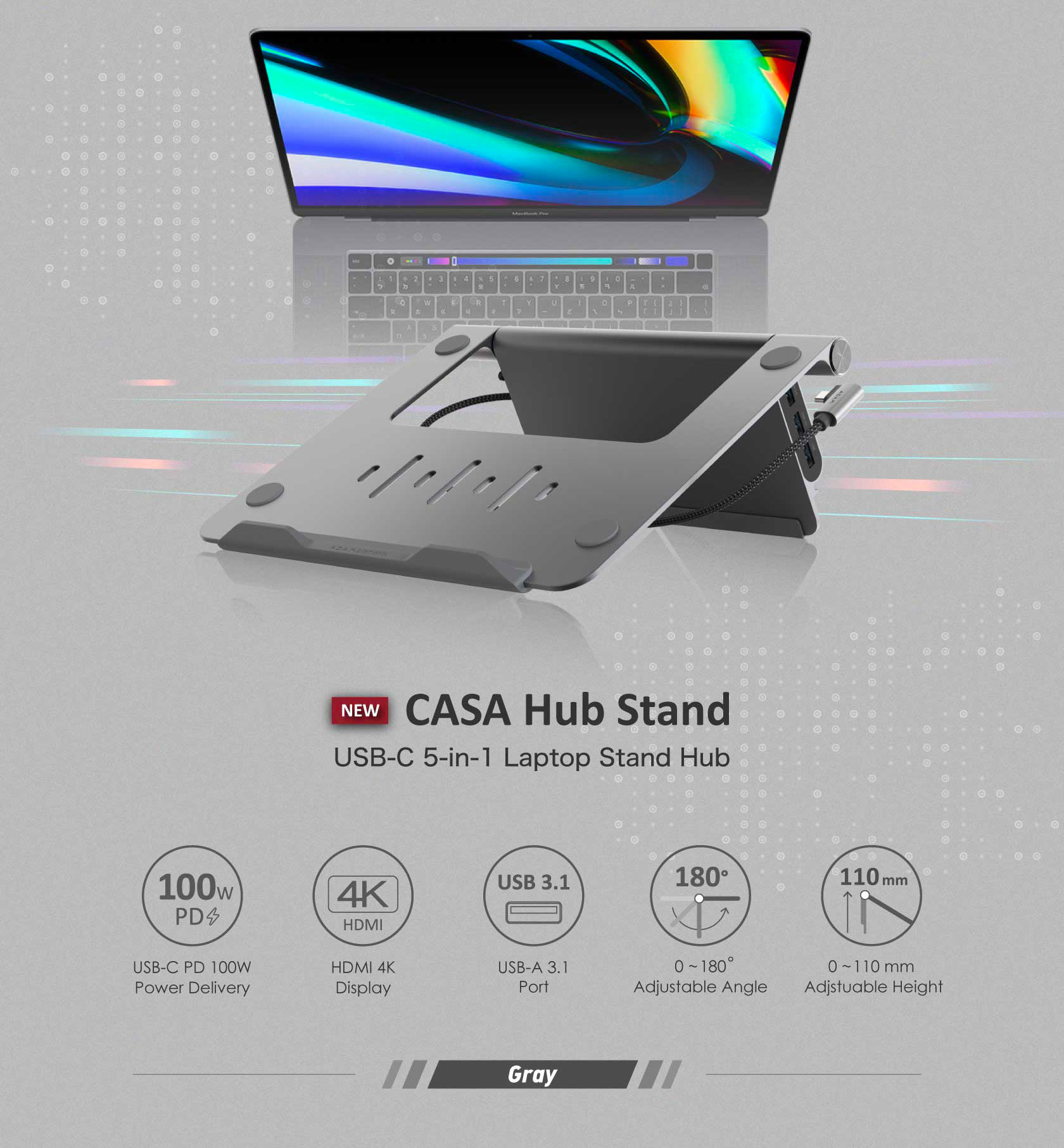 CASA HUB Stand USB C 5 in 1 Laptop Stand Hub 2